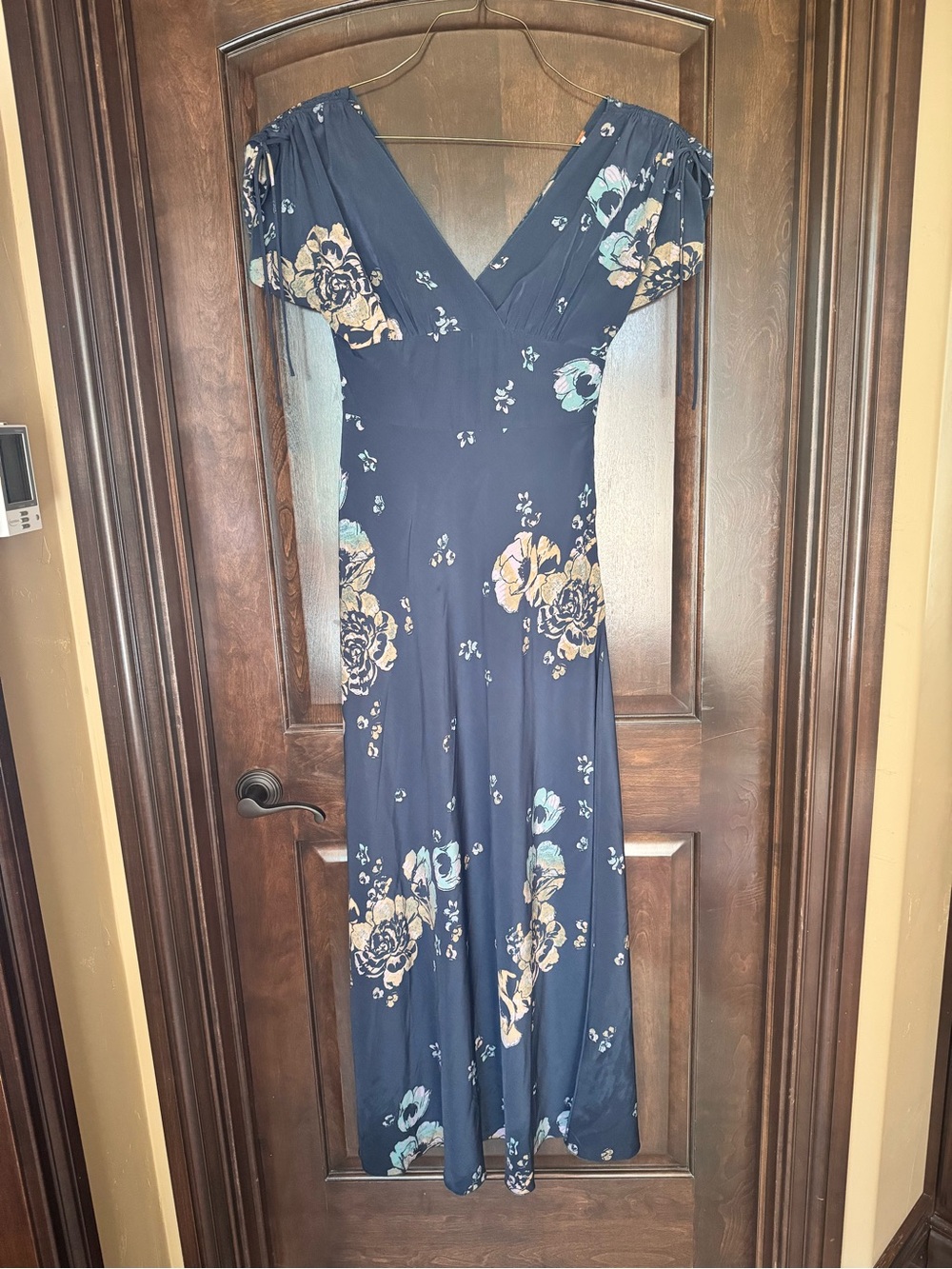 Free People Navy Floral V-Neck Maxi Dress with Pastel Blooms